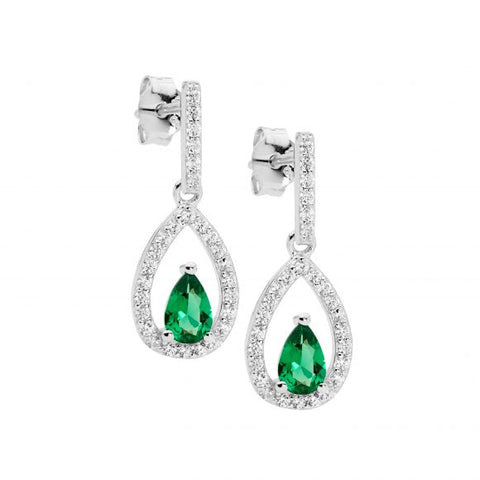 Sterling silver open pear earrings with green pear cut centre cubic zirconia