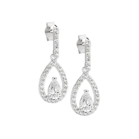 Sterling Silver Open Pear Earrings With Pear Cut Centre Cubic Zirconia