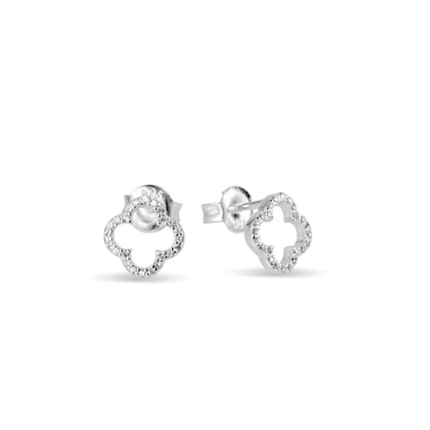 Sterling Silver Open Flower Stud Earrings With Cubic Zirconia Border