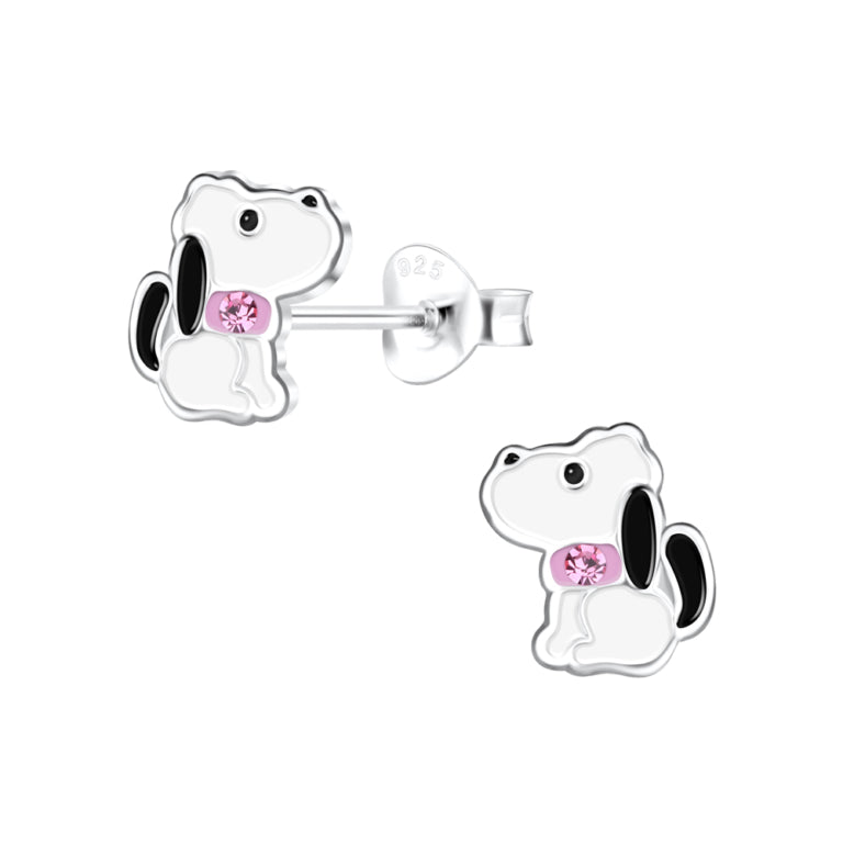Sterling Silver Dog Stud Earrings With Pink Cubic Zirconia