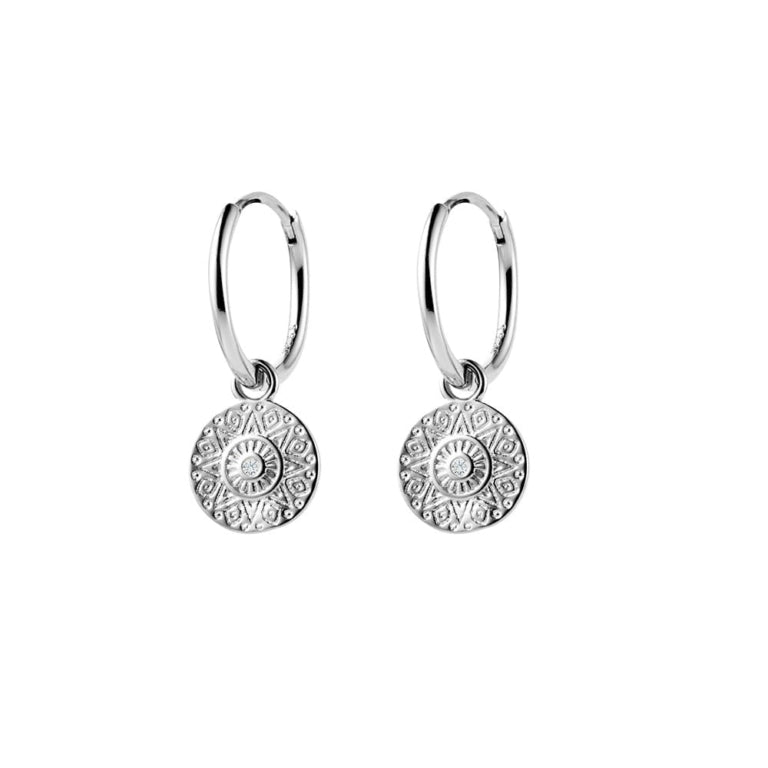 Sterling Silver Huggie Earrings With Circular Mandala Charms