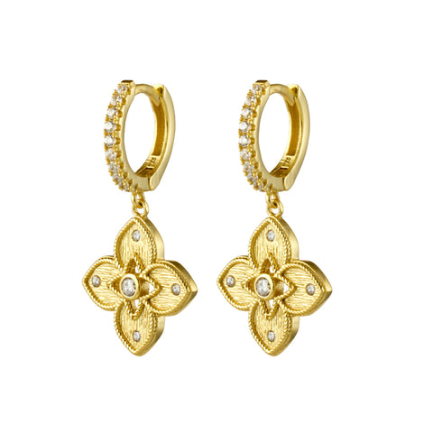 Sterling Silver Gold Plated Flower Cubic Zirconia Huggie Drop Earrings