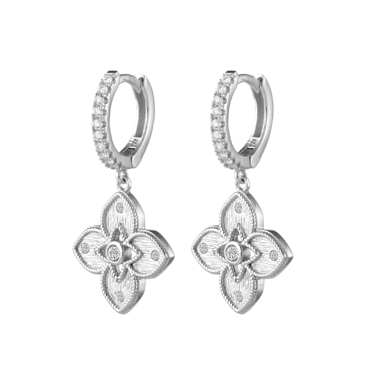 Sterling Silver Venetian Flower Cubic Zirconia Huggie Drop Earrings