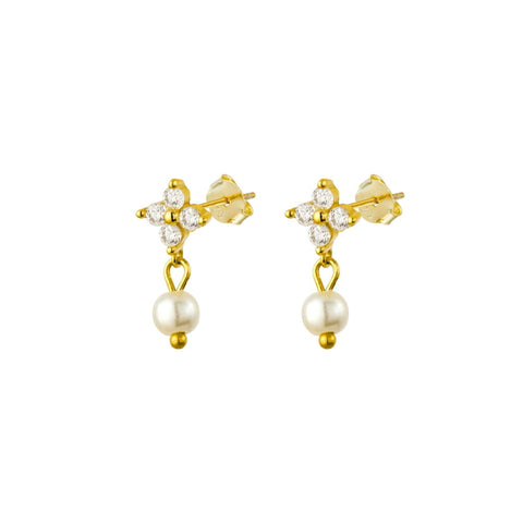 Sterling Silver Gold Plated Flower Stud Earrings With Pearls