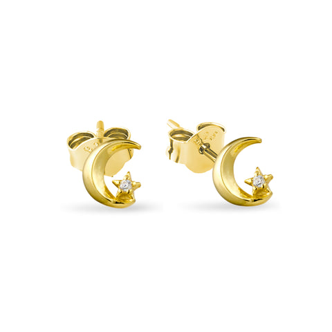 Sterling Silver Gold Plated Crescent Moon And Cubic Zirconia Star Stud Earrings