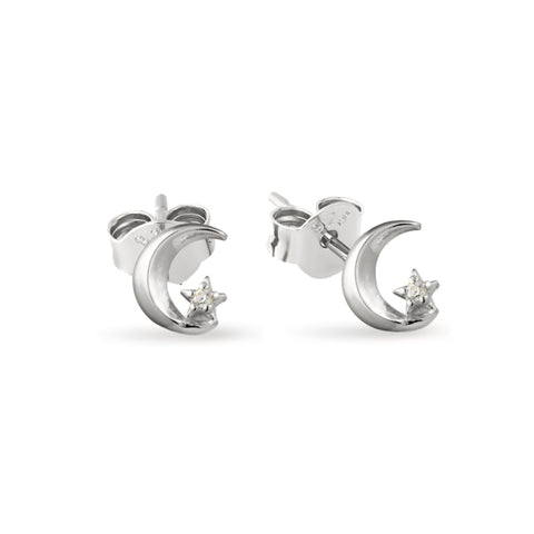 Sterling Silver Crescent Moon With Cubic Zirconia Star Stud Earrings