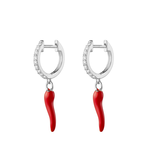 Sterling Silver Cubic Zirconia Huggie Earrings With Red “Cornicello” Horn Charm