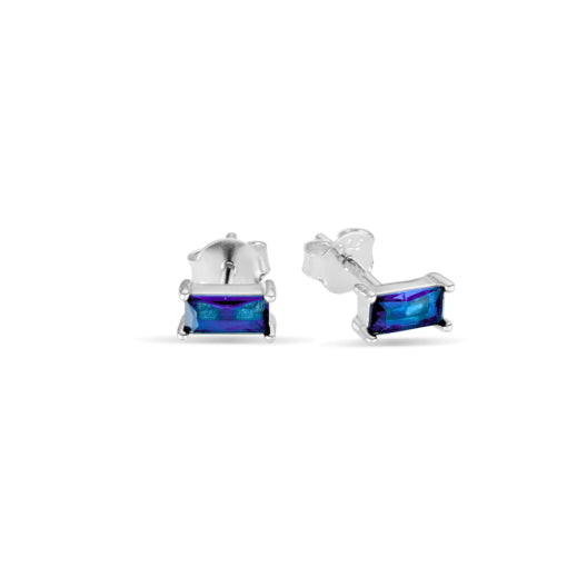 Sterling Silver Stud Earrings With Dark Blue Cubic Zirconias