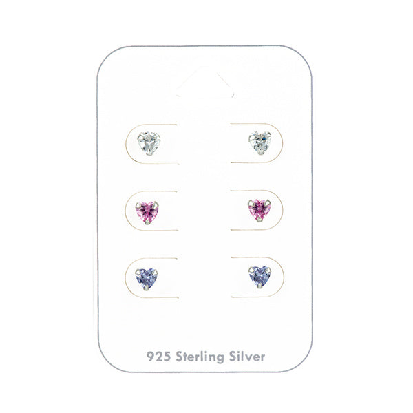 Sterling Silver Set Of 3 Cubic Zirconia Heart Stud Earrings