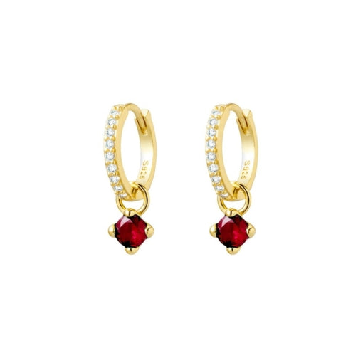 Sterling Silver Gold Plated Cubic Zirconia Set Huggies With Red Cubic Zirconia Drops