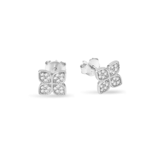 Sterling Silver Pave Flower Stud Earrings