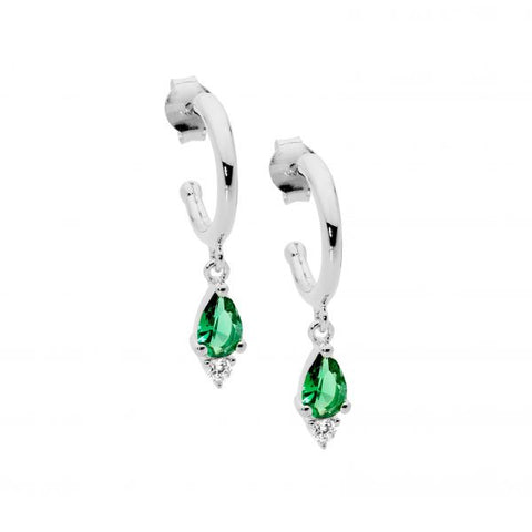 Sterling Silver Half Hoop Earrings With Green And Clear Cubic Zirconia Drops