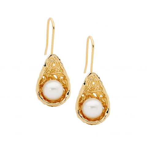 Sterling Silver Gold Plated FW Pearl In Basket Earrings