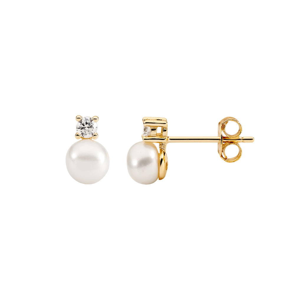 Sterling Silver Gold Plated Claw Set Cubic Zirconia And Freshwater Pearl Stud Earrings