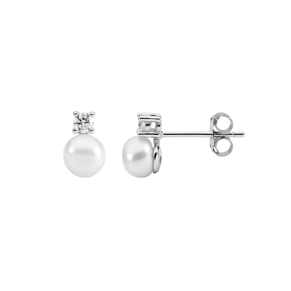 Sterling Silver Claw Set Cubic Zirconia And Freshwater Pearl Stud Earrings