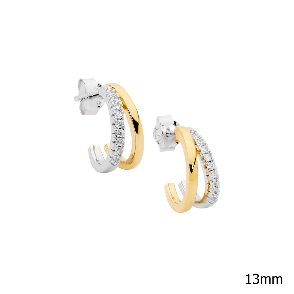 Sterling Silver 2 Tone Gold Plated Double Split Cubic Zirconia Hoop Earrings