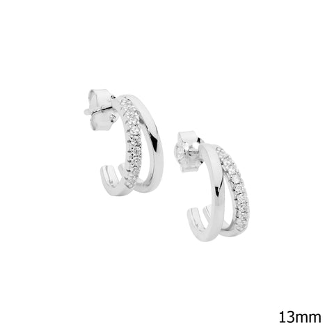 Sterling Silver Double Split Cubic Zirconia Hoop Earrings