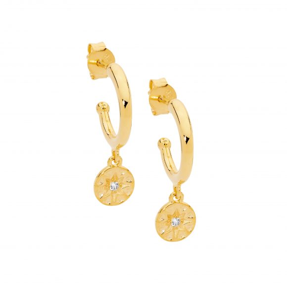 Sterling Silver Gold Plated Cubic Zirconia Star Disk Hoops