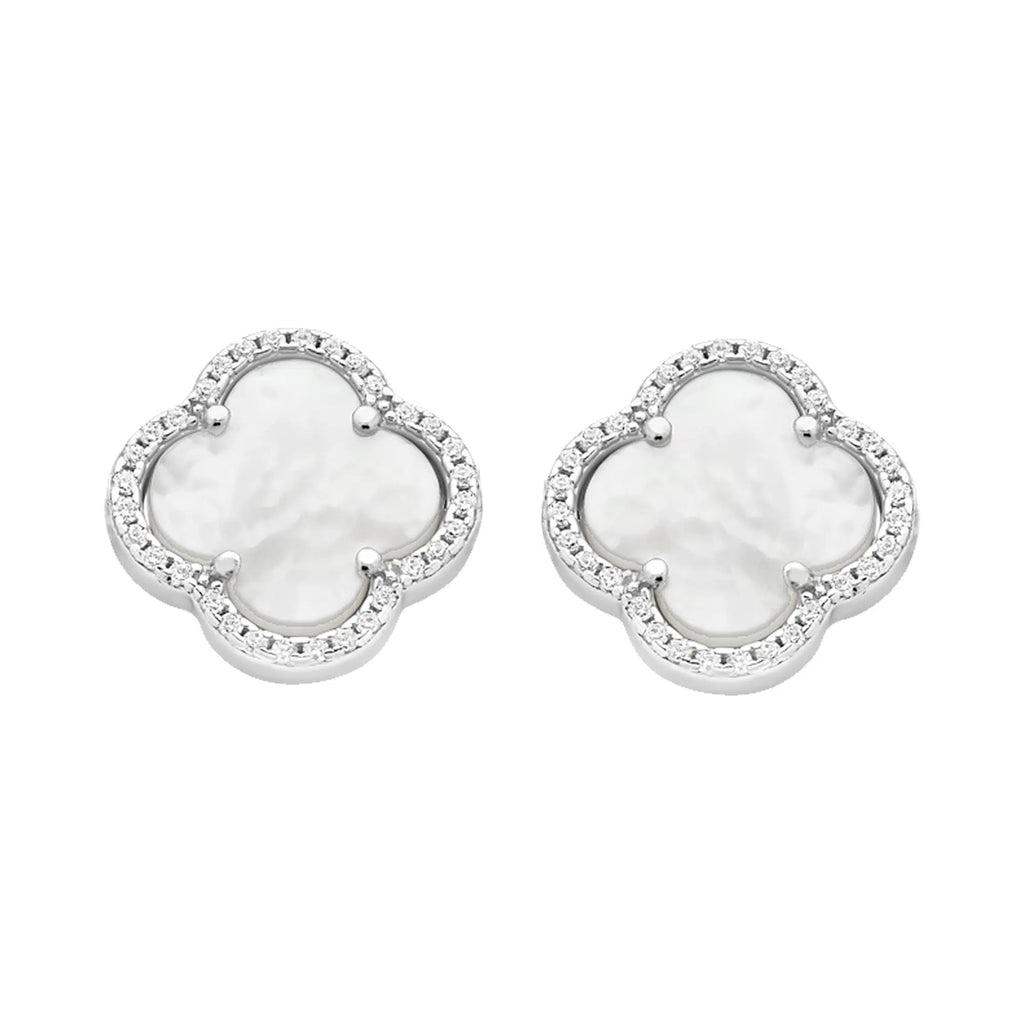 Sterling Silver Cubic Zirconia Mother Of Pearl Flower Stud Earrings