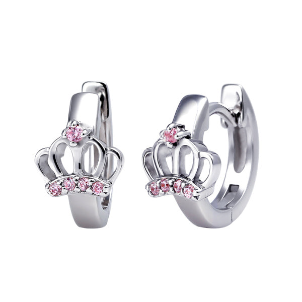 Sterling Silver Princess Crown Huggies With Pink Cubic Zirconia