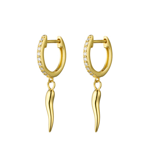 Sterling Silver Gold Plated Cubic Zirconia Huggie Earrings With Cornicello Charm