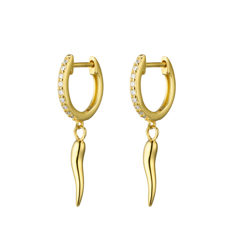 Sterling Silver Gold Plated Cubic Zirconia Huggie Earrings With Cornicello Charm