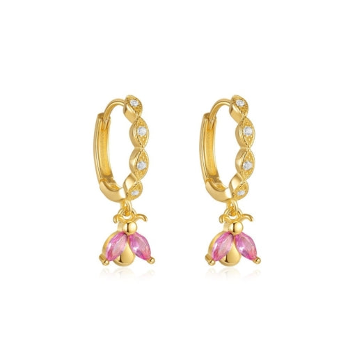 Sterling Silver Gold Plated Huggie Earrings With Pink Cubic Zirconias