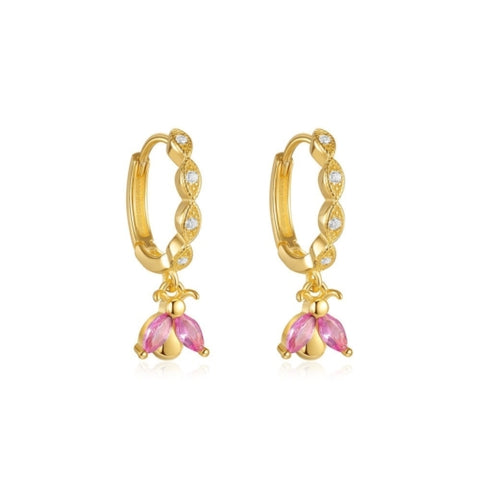 Sterling Silver Gold Plated Huggie Earrings With Pink Cubic Zirconias