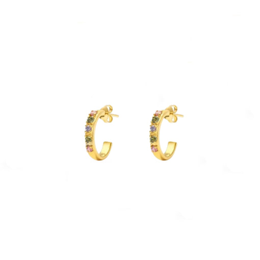Sterling Silver Gold Plated Half Hoop Earrings With Multicoloured Cubic Zirconias