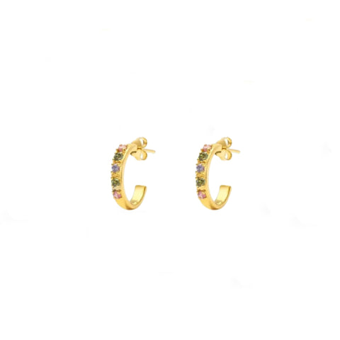 Sterling Silver Gold Plated Half Hoop Earrings With Multicoloured Cubic Zirconias