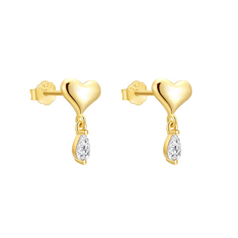 Sterling Silver Gold Plated Heart Stud Earrings With Teardrop Cubic Zirconia