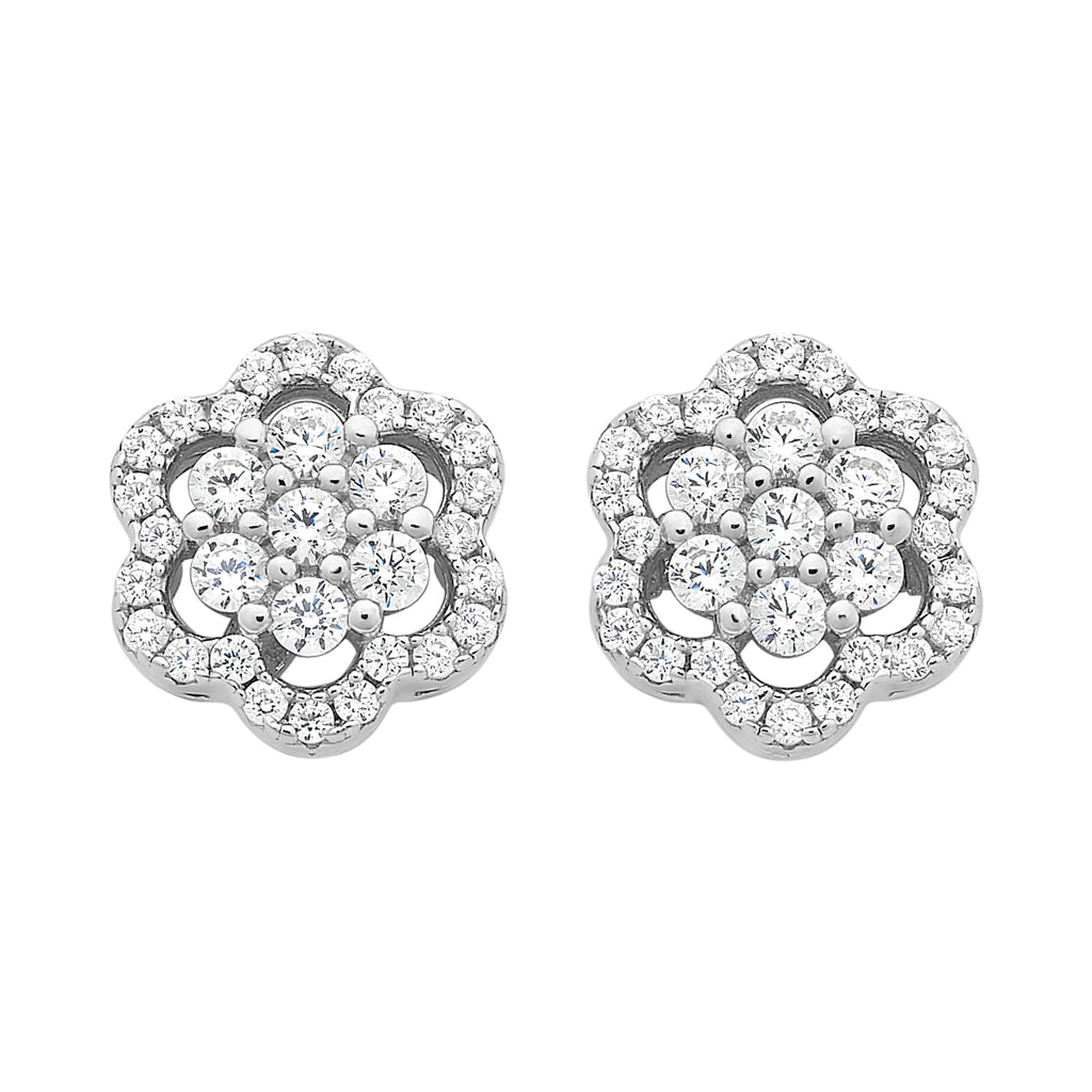 Sterling Silver Cubic Zirconia Flower Halo Studs