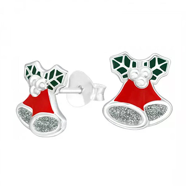 Sterling silver enamel Christmas bell studs