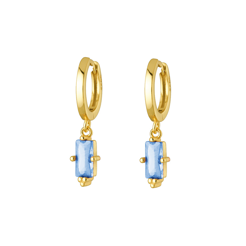 Sterling Silver Gold Plated Huggie Earrings With Baguette Cut Blue Topaz CZ