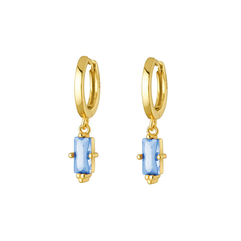 Sterling Silver Gold Plated Huggie Earrings With Baguette Cut Blue Topaz CZ