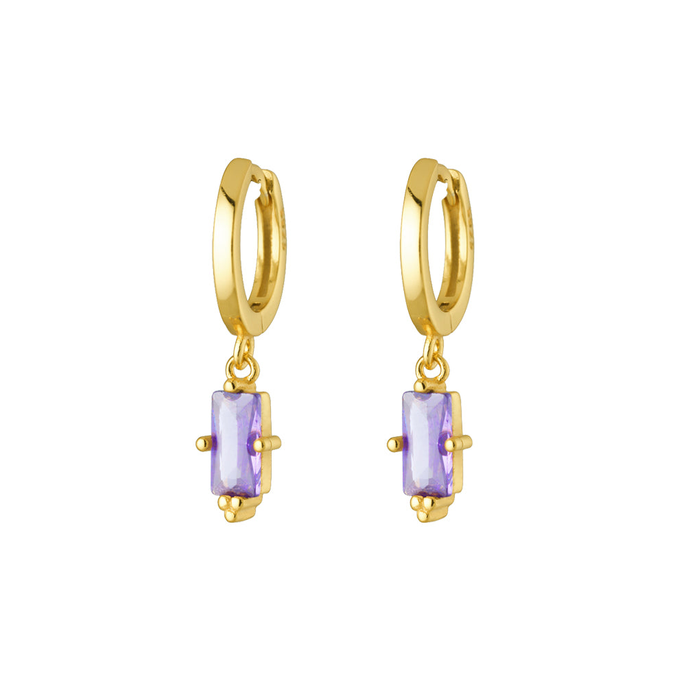 Sterling Silver Gold Plated Huggies With Baguette Cut Light Amethyst CZ