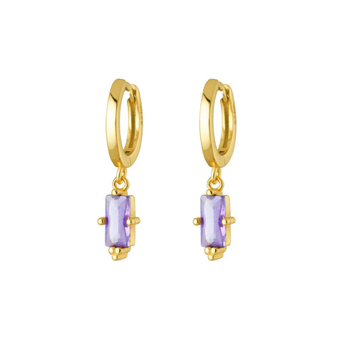 Sterling Silver Gold Plated Huggies With Baguette Cut Light Amethyst CZ