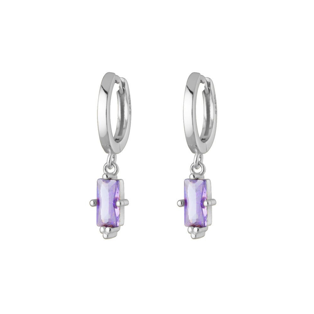 Sterling Silver Huggies With Baguette Cut Light Amethyst CZ