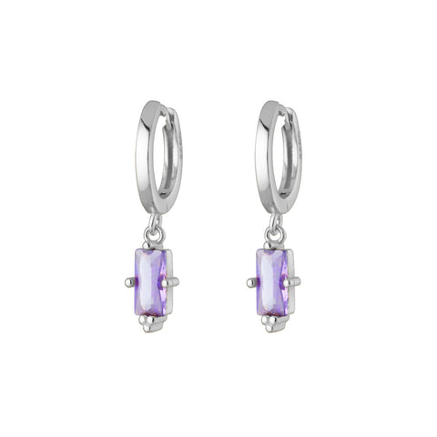 Sterling Silver Huggies With Baguette Cut Light Amethyst CZ