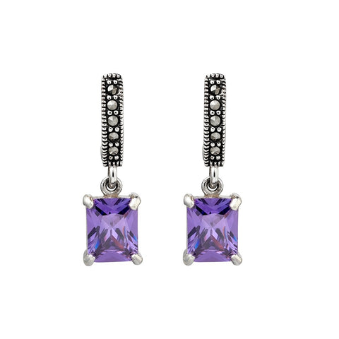 Sterling Silver Marcasite Drop Earrings With Amethyst Cubic Zirconia