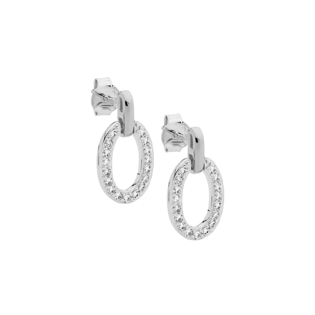Sterling Silver Rhodium Plated CZ Open Oval Stud Earrings