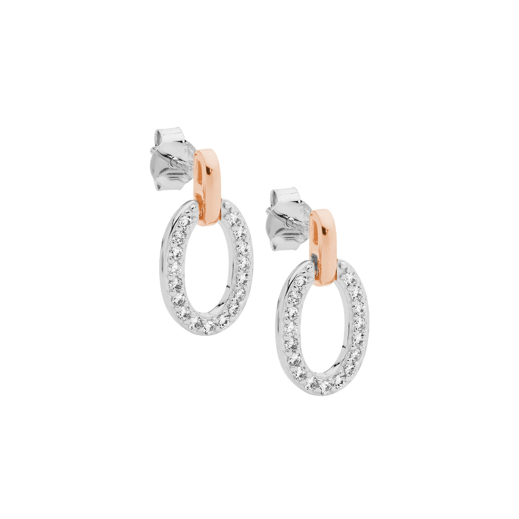 Sterling Silver Rhodium And Rose Gold Plated CZ Open Oval Stud Earrings