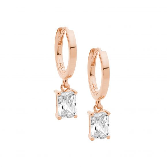 Sterling Silver Rose Gold Plated Huggie Earrings With Radiant Champagne CZ Drop