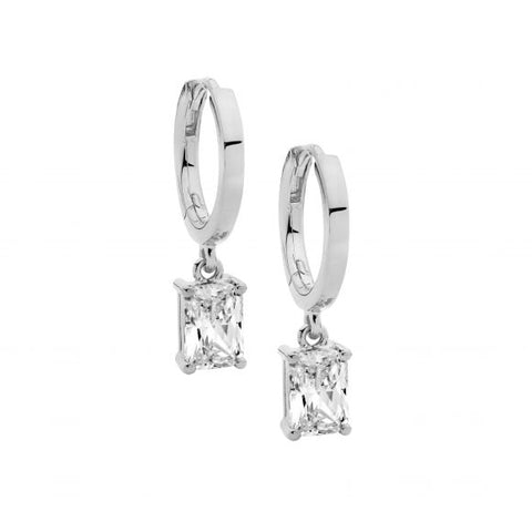 Sterling Silver Rhodium Plated Huggie Earrings With Radiant CZ Drop