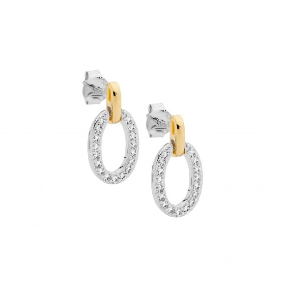 Sterling Silver Rhodium And Gold Plated CZ Open Oval Stud Earrings
