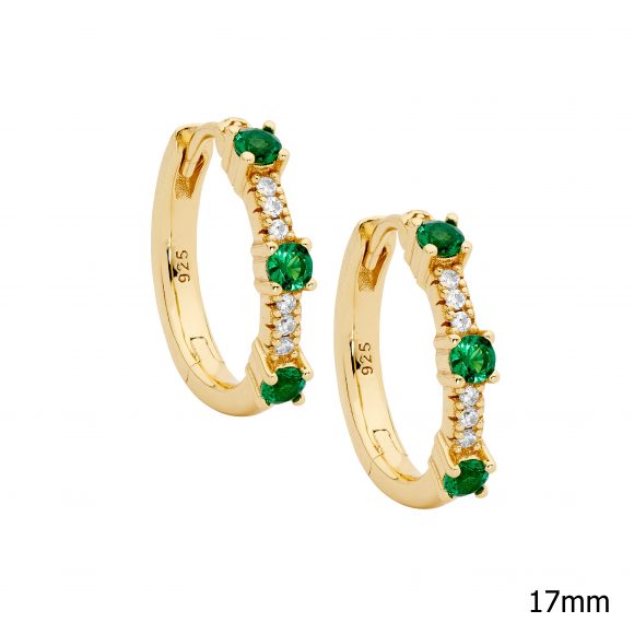 Sterling Silver Gold Plated White And Green CZ Huggie Earrings