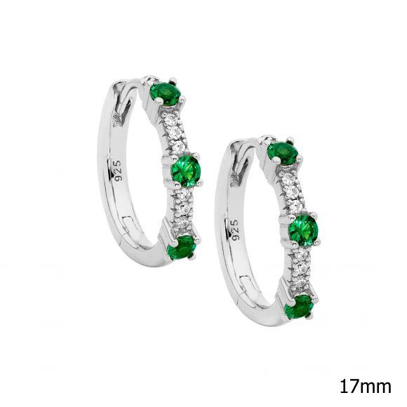 Sterling Silver Rhodium Plated White And Green CZ Huggie Earrings