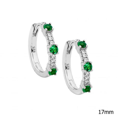 Sterling Silver Rhodium Plated White And Green CZ Huggie Earrings