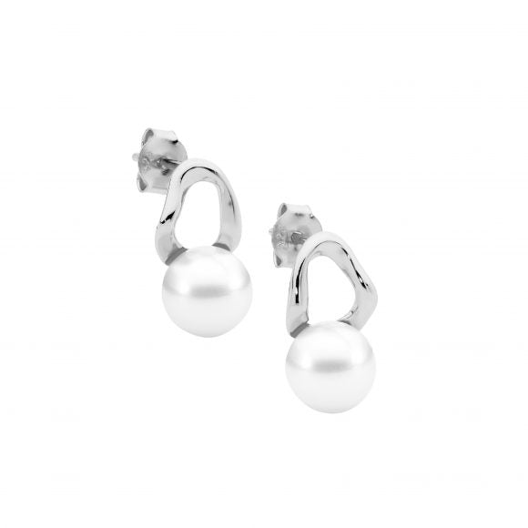 Sterling Silver Rhodium Plated Open Wave Freshwater Pearl Stud Earrings