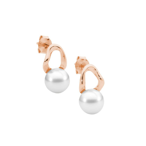 Sterling Silver Rose Plated Open Wave Freshwater Pearl Stud Earrings